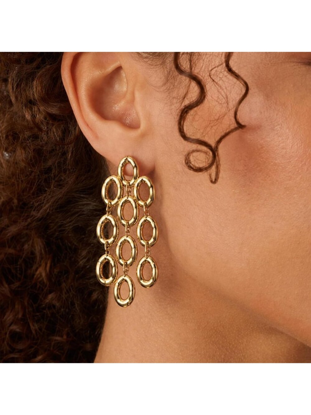Women's Gold 18k Gold Plated Statement Hammered Chandelier Long Oval Earrings - Picture 3 of 7